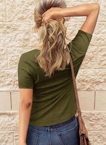 BTFBM Womens Tops 2026 Summer Top Henley V Neck Short Sleeve Button Slim Fit Casual Ribbed Shirts Blouses Spring Outfits(Army Green, Medium) - Thumbnail 4