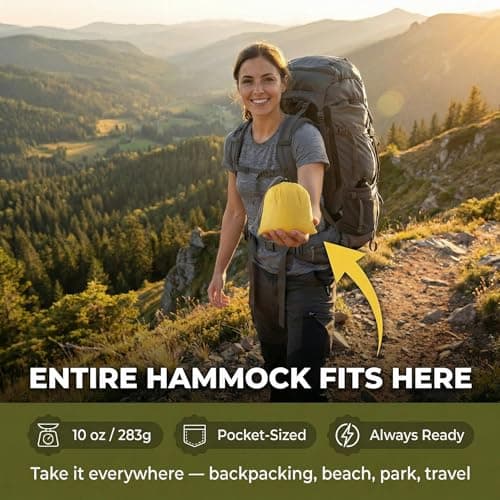 Sunyear Ultralight Camping Hammock (10 oz) - 20D Nylon, 600 lbs Capacity, Patent Quick-Adjust Buckles and 2x10 ft Tree Straps, 104" x 56", Backpacking, Hiking, Travel, Indoor/Outdoor - Thumbnail 5