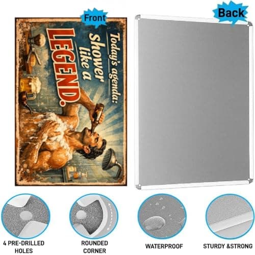 Today's Agenda Shower Like a Legend Vintage Metal Tin Sign 8x12 Inch Funny Bathroom Wall Decor Retro Rustic Humor Plaque for Shower Room Man Cave Bar Home with Pre Drilled Holes - Thumbnail 6