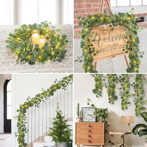 N&T NIETING 4 Pack Artificial Eucalyptus Garland with Lights, 6FT Artificial Greenery Garlands, Battery Operated Twig Vine for Room Stairs Mantle Wedding Holiday Easter Decoration Indoor Outdoor - Thumbnail 5