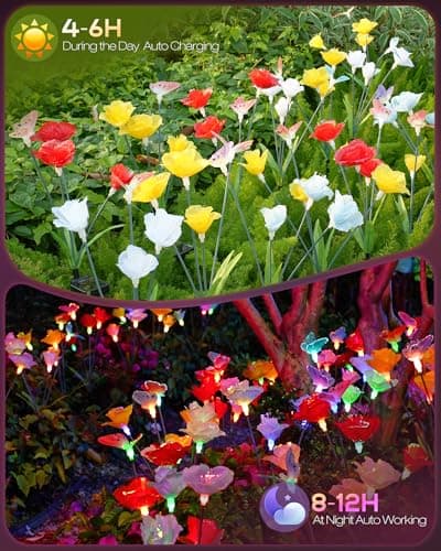 Cujemy Solar Garden Lights Outdoor Waterproof 2 Pack Swaying Butterfly Light with 7- Color Changing Rose Flowers Solar Lights for Outside Garden Decor Lawn Yard Patio Path,Gifts for Mother's Day Women - Thumbnail 6