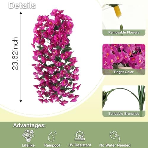 Artificial Flowers for Outdoors Fake Fuchsia Morning Glory Hanging Flower Decoration, 2Pcs Realistic Faux Plants Petunias Long Trailing Vines,Spring Decor for Porch Patio Balcony Planter Yard - Thumbnail 4
