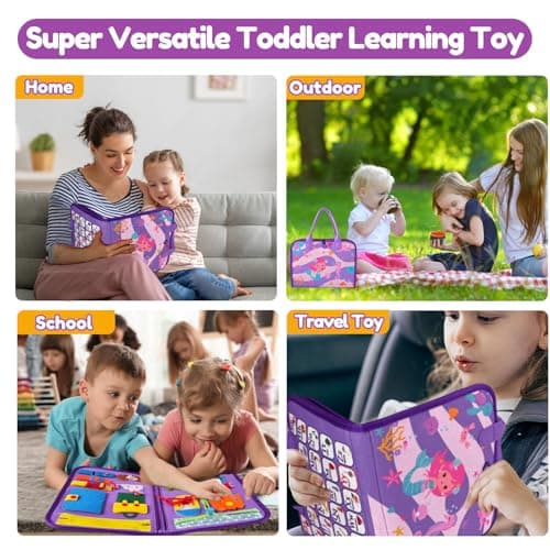 Qizfun Montessori Busy Board Book for Toddlers, Mermaid Sensory Learning Toy for Girls, Educational Fine Motor Skills Toy, Travel Busy Board for Car & Airplane - Thumbnail 4