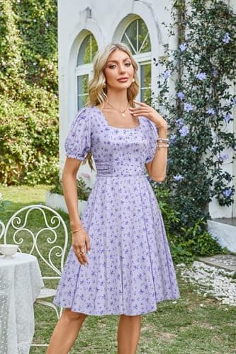 Belle Poque Purple Floral Vintage Elegant Milkmaid Wedding Guest Dress 2026 Summer Square Neck Puff Sleeve Sun Dress XXL - Thumbnail 3