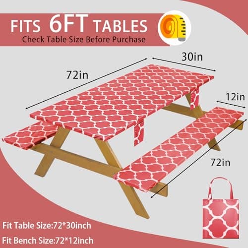 memKiya Fitted Waterproof Picnic Table Cover with Bench Covers Elastic Heat Resistant Outdoor Camping Tablecloth for 6 Foot Dinning Rectangle Tables Summer Rv Patio Garden Road Trip Essential Gift - Thumbnail 2