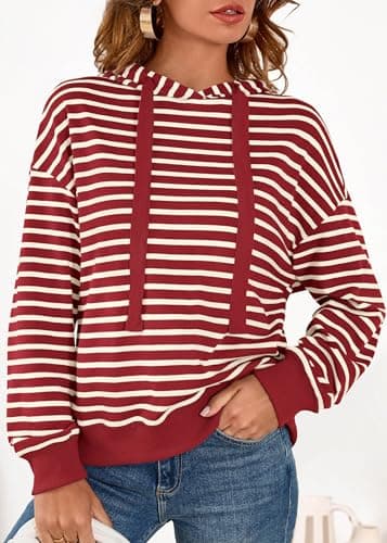 KIRUNDO Sweatshirt For Women Casual Loose Striped Long Sleeve Drawstring Hoodie Pullover Hooded Tops Fashion Clothing(Red, Medium) - Thumbnail 5