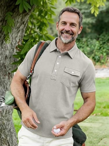 JEMLDL Mens Polo Shirt Quick Dry Short Sleeve Casual Summer Polo Tee with Pocket Classic Collared Golf Stylish Tops Light Gray XXL - Thumbnail 5