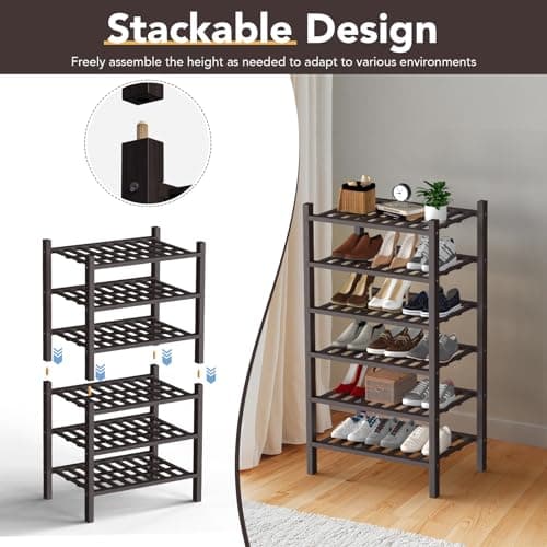 Haddockway Small 3 Tier Bamboo Shoe Rack Storage Organizer, Multifunctional Free Standing Stackable Shoe Shelf with Grid Panel for Closet,Hallway,Entryway,Small Space 18"x11"x17" - Thumbnail 6