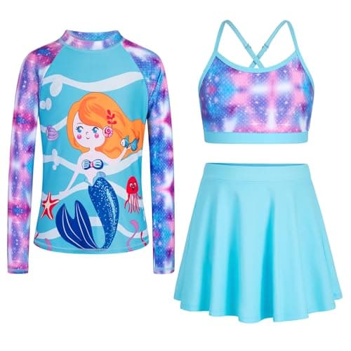 Seanrui Girls Bathing Suit Size 6 Long Sleeve Rash Guard with Shorts Cute 3 Piece Swimsuit Blue Mermaid (5-6Y)
