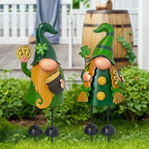 HONGLAND 18 Inch Spring Gnomes Outdoor Decor, 2Pcs Metal Gnomes Garden Stakes, Gnome Gifts for Women Outside Decorations for Yard Home Garden Lawn Patio - Thumbnail 3