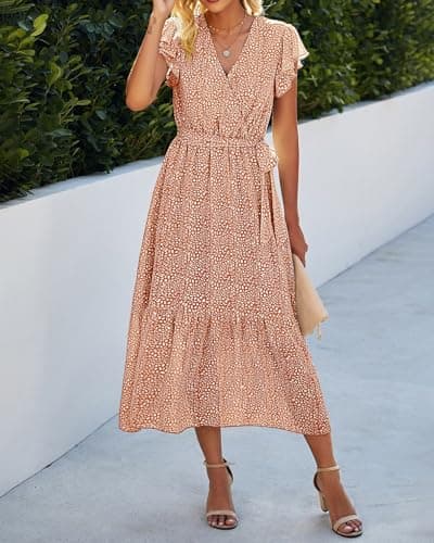 BTFBM Women Summer Bohemian Floral Casual Wrap V Neck Ruffle Cap Sleeveless Belt A-Line Pleated Hem Swing Midi Sun Dress (Coffee, X-Large) - Thumbnail 2