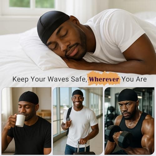 DURALA Adjustable Wave Caps for Men, Premium Elastic Stocking Cap for 360 540 720 Wave (Black+Black) - Thumbnail 6