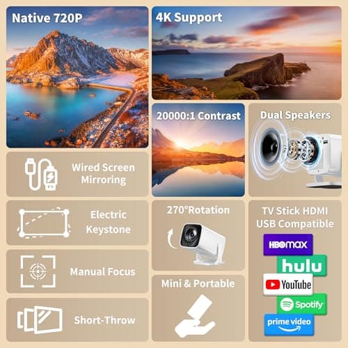 Mini Projector with 4K Support, Portable Projector with Electric Focus & Keystone, 270° Rotatable Stand, Short Throw Home & Outdoor Movie Projector Compatible with TV Stick, Phone & Laptop - Thumbnail 3