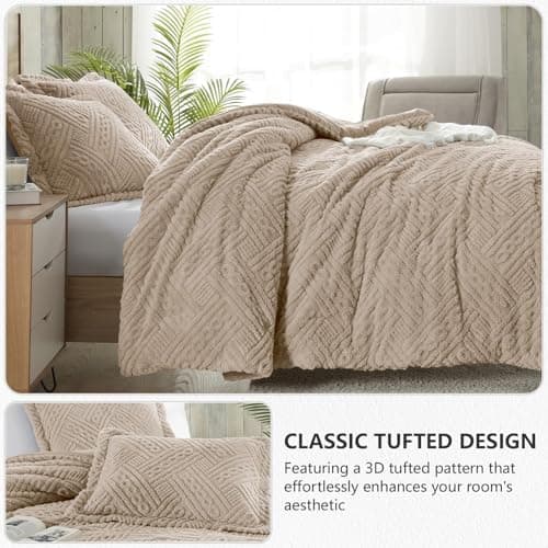 Homelike Moment Fluffy King Size Comforter Set - Beige Fleece Warm Marshmallow Comforter for Winter, Luxury Fuzzy Sherpa King Bed Set 3 Piece - Thumbnail 3