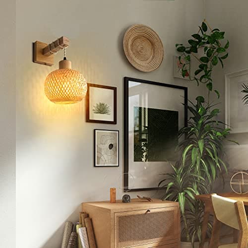 Frideko Bamboo Wall Sconce Lighting - Rattan Wall Lamps for Bedroom, Farmhouse Wall Light with Bamboo Lampshade, Rustic Boho Sconces Light Fixture for Living Room - Thumbnail 3