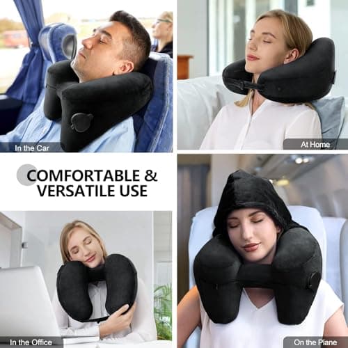 Neck Pillow for Travel Inflatable Airplane Pillow Comfortably Supports Head,Neck and Chin,Inflatable Travel Pillow with Soft Velour Cover,Hat,Portable Drawstring Bag (Black) - Thumbnail 2
