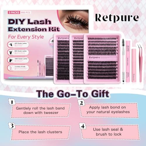 Lash Clusters Kit 800pcs 60D+80D+100D D Curl 10-20mm Eyelash Clusters, Volume Fluffy False Eyelashes DIY Lash Extension Kit Includes Lash Glue & Lash Tweezers, Cluster Eyelash Extensions for Beginners - Thumbnail 6
