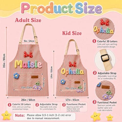 Customizable personalized aprons in adult and child sizes with printed names; these waterproof aprons for kitchen cooking, baking, painting feature pockets and adjustable straps, ideal for home use. - Thumbnail 4