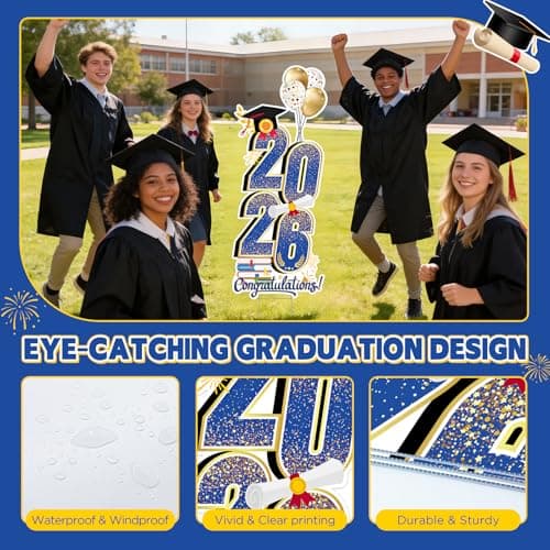 2026 Graduation Decorations Yard Sign, 3.5 FT Tall Class of 2026 Congrats Grad Yard Sign with Stakes for Outdoor Indoor Graduation Party Garden Lawn Decoration Supplies(Blue Gold) - Thumbnail 3