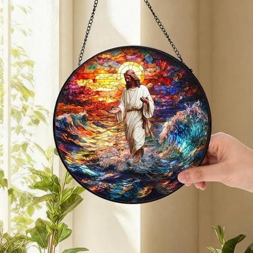 Zizzie Stained Glass Jesus Suncatcher - 7.9" Real Glass Walking on Water Window Hanging, Weatherproof Christian Religious Decor, Overcoming Storms Sympathy Faith Gift for Mom Pastor - Thumbnail 4