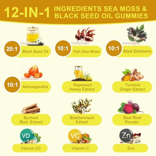 Black Seed Oil & Sea Moss Gummies, 2Pack Irish Sea Moss Gummies with Black Seed Oil, Ashwagandha Extract, Elderberry, Turmeric, Vitamin C, Vitamin D3 - Immune Support, Joints, Digestion, Hair & Skin - Thumbnail 3