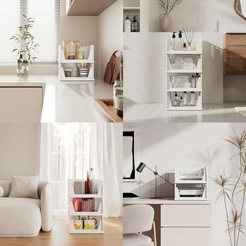 Pinkpum 8 Pack Closet Organizers and Storage Plastic Stackable Storage Bins, Foldable Drawer Shelf Storage Container for Wardrobe Kitchen Bathroom Dorm White - Thumbnail 6