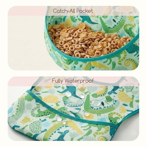 CIVARUA KIDS 3-Pack Waterproof Baby Bibs for Eating - Mess Proof Lightweight Toddler Feeding Bibs with Large Food Catcher, Food-Grade Baby Eating Essentials, Easy to Put On & Clean(Green Animals) - Thumbnail 4