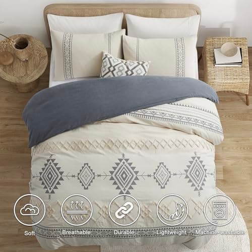 Oli Anderson Boho Duvet Cover Set King Size, Beige and Gray Color Clash 3 Pieces Microfiber Bedding Set, Durable and Super Soft Duvet Covers with Zipper and Ties, 104"*90" - Thumbnail 6