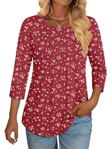 NORACORA 3/4 Length Sleeve Womens Tops Crew Neck Loose Fit Shirts Pleated Cute Clothes Dressy Casual 2026 Summer Tunics Green Floral XL