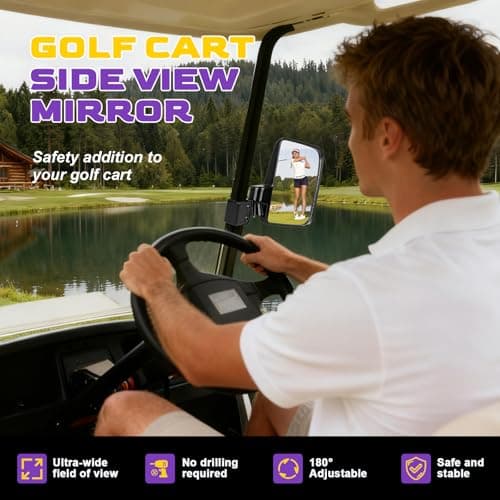 Golf Cart Side Mirrors, No Drilling Golf Cart Rear View Mirrors Universal for Club Car EZGO YAMAHA, Folding Golf Cart Mirrors with Multiple Size Clips, HD Shatterproof Glass Durable Anti-Shudder - Thumbnail 2