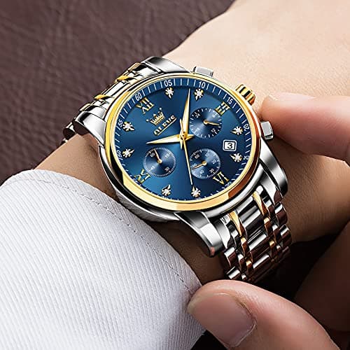 OLEVS Watch Men Silver Stainless Steel Blue and Gold Mens Watches Luminous Waterproof Moon Phase Watches for Men Big Face Chronograph Analog Quartz Wrist Watch for Man Luxury Reloj de Hombre - Thumbnail 3