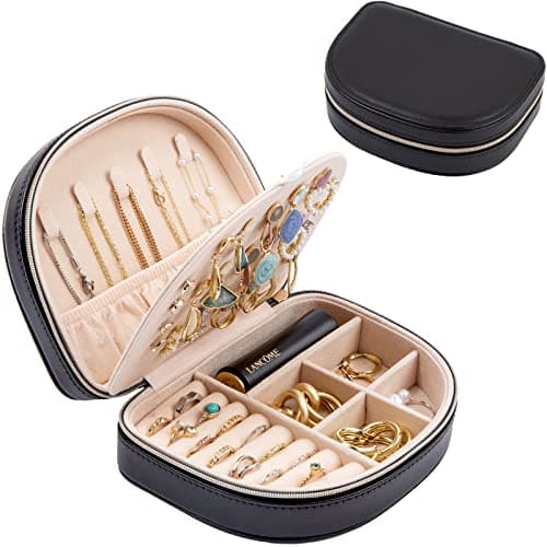 ProCase Travel Size Jewelry Box, Medium Portable Seashell-Shaped Jewelry Case, 2 Layer Jewelry Organizer in PU Leather for Women -Black - Image 1