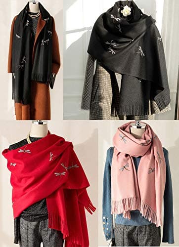 Bienvenu Dragonfly Detail Large Women Soft Cashmere Wool Wraps Shawls Stole Scarf,Black - Thumbnail 5