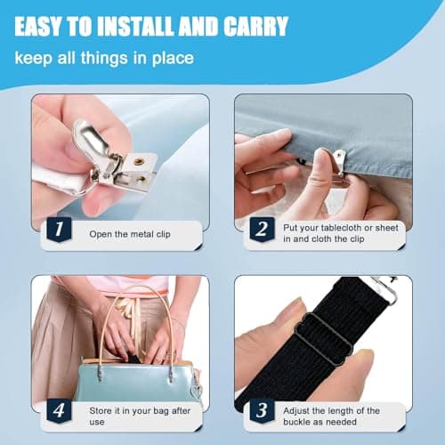 Tablecloth Clips for Outdoor Thick Tables Hidden Strap 5 Pack, Adjustable Elasticity Picnic Table Cloth Holder Clip Large Clamp for Bench Cover Party Restaurant Camping RV Essential Accessory Black - Thumbnail 6