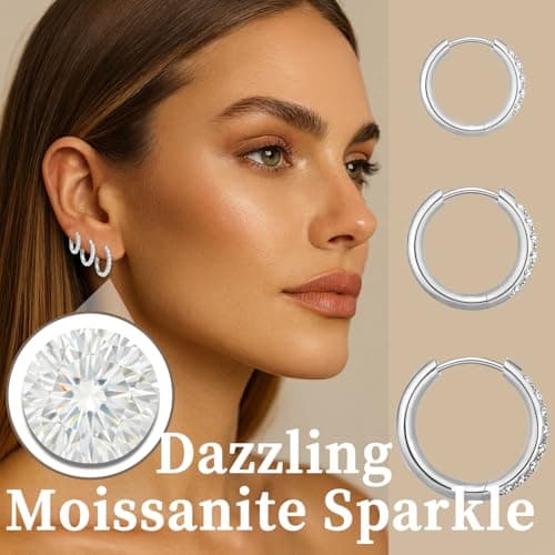 3 Pairs Moissanite Titanium Huggies Hoop Earrings for Women Men (Silver) - Thumbnail 2