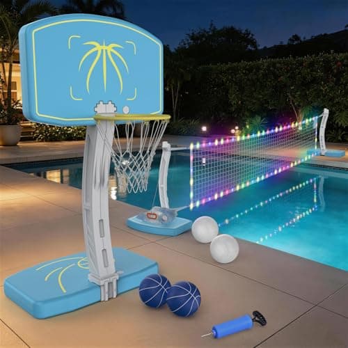 MAGTHIC 2-in-1 Pool Basketball Hoop & Pool Volleyball Net Set, Adjustable Volleyball Net for Pool, Stainless Steel Basketball Hoop for Pool, Swimming Pool Games for Summer Party - Image 1