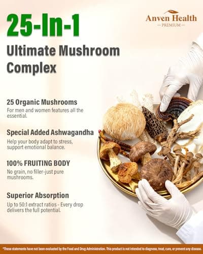 Anven Health 25-in-1 Mushroom Complex Supplement Liquid Drops with Ashwagandha, Lion's Mane, Reishi, Chaga, Cordyceps, Turkey Tail Tincture for Immunity, Energy & Cognition - Non-GMO | 2fl oz - Thumbnail 3