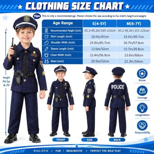 Skirfy 16PCS Police Officer Costume for Boys,Police Costume for Kids,16PCS Cop Toys with Uniform,Boy Toys,Kids Halloween Costumes Role Play Kit(Size M) - Thumbnail 4
