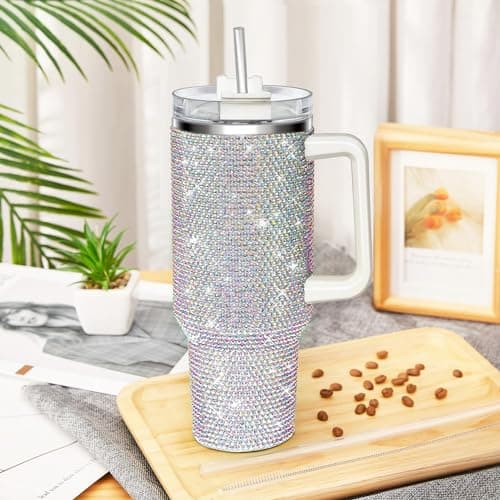 HWISDMIG 40oz Tumbler with Handle-Glitter Rhinestones Tumbler Bling Cups Stainless Steel Water Bottle Diamond Studded Tumbler for Women-Birthday Gifts for Women, Mom, Wife, Girlfriend (40 oz, Shiny) - Thumbnail 4