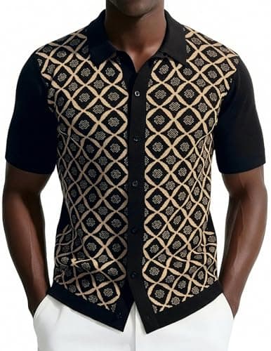 Mens Polo Shirt Short Sleeve 70S Vintage Knit Button Down Color Block Shirts Black Khaki S - Image 1