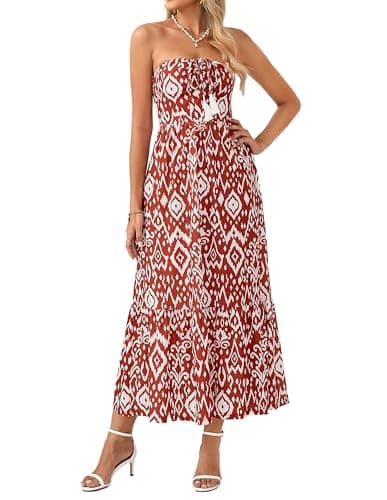GRACE KARIN Summer Maxi Dresses for Women 2026 Floral Strapless Tube Top Boho Dress Flowy Beach Vacation Clothes with Pockets Red 2XL - Image 1