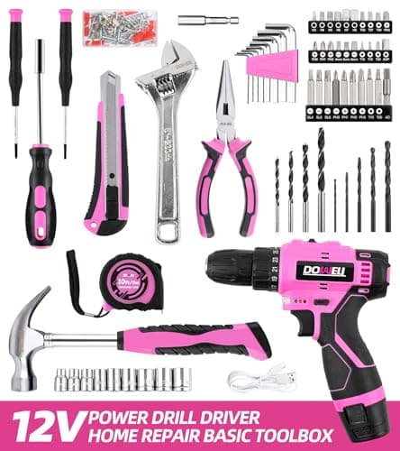 DOWELL 147 Pcs Pink Tool Kit with 12V Cordless Drill with 3/8" Keyless Chuck for Women, Home, Men, Built-in LED, Type-C Charge Cable - Thumbnail 2