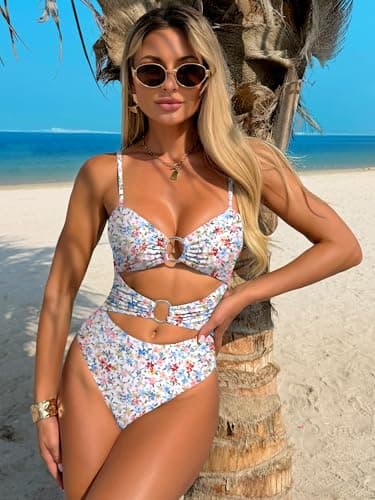 ANRABESS Women One Piece Swimsuit Sexy Cutout Bathing Suit Ring Linked Ruched Monokini Swimwear 2026 Beach Vacation Clothes White Multicolor Floral Medium - Thumbnail 4