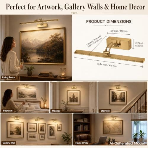 JOOSENLUX Rechargeable Picture Light, 16" Brass Battery Operated Wall Sconce with Remote, Dimmable LED Art Light for Paintings, Timer, Swing Arm - Thumbnail 5