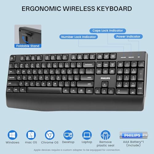 PHILIPS Wireless Keyboard and Mouse Combo-Ergonomic Keyboard and Mouse Wireless Combo,Plug n' Play,Sleep Mode and 2.4GHz Keyboard for Mac, Windows, Laptop-SPT6348 - Thumbnail 5