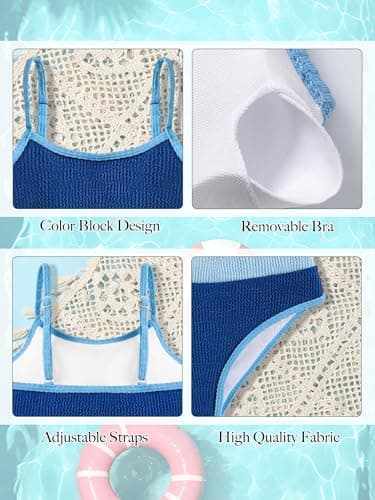 AMAWMW Girls Swimsuit Color Block Spaghetti Strap Tankini Set 2 Piece Bathing Suit Swimwear for Girls 7-16Y, Blue, 15-16Y - Thumbnail 6