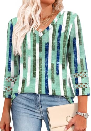 3/4 Length Sleeve Womens Tops Lace Sleeve Blouses for Women Trendy V Neck T Shirts Business Casual Outfits Green Plaid 3XL - Image 1