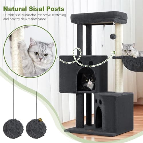 Small Cat Tree Tower for Indoor Cats, 40 in Multi-Level Compact Cat House Bed with 2 Condos, Large Platform Perch, Sisal Scratching Post, Hammock, Cat Climbing Stand for Kitty Kitten(Dark Grey) - Thumbnail 4