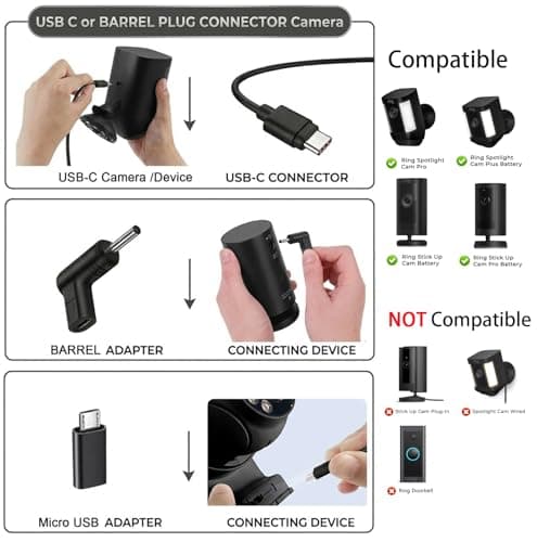 Solar Panel for Ring Camera - 5W Solar Charger with Power Pack Compatible with Most Blink Reolink Cameras Doorbell IP65 Waterproof, 10FT Cable with USB-C to Ring Barrel Plug Micro USB Adapter - Thumbnail 2