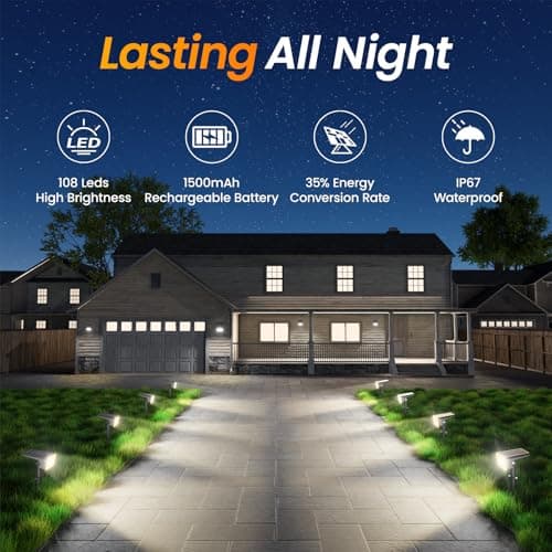 Fabrito 10 Pack Solar Spot Lights Outdoor Waterproof IP67, [108 LEDs, 4 Modes] Dusk to Dawn Spotlights with 1500mAh Battery for All Night, Landscape Lights for Tree, Yard, Pool, Pathway, Cool White - Thumbnail 6